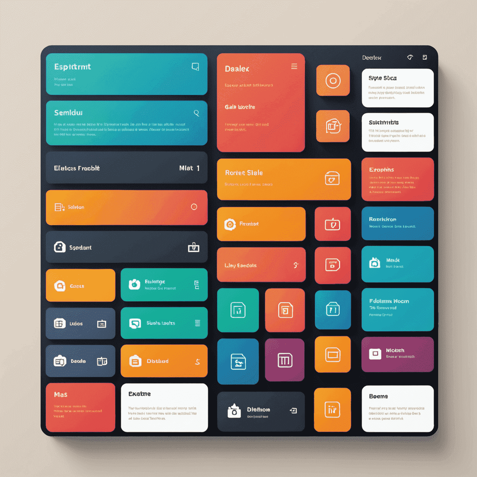 Ejemplo visual de un diseño Flexbox mostrando una fila de elementos alineados y espaciados uniformemente, adaptándose a diferentes tamaños de pantalla. Los elementos son cajas de colores vibrantes que representan componentes de una interfaz de usuario móvil.