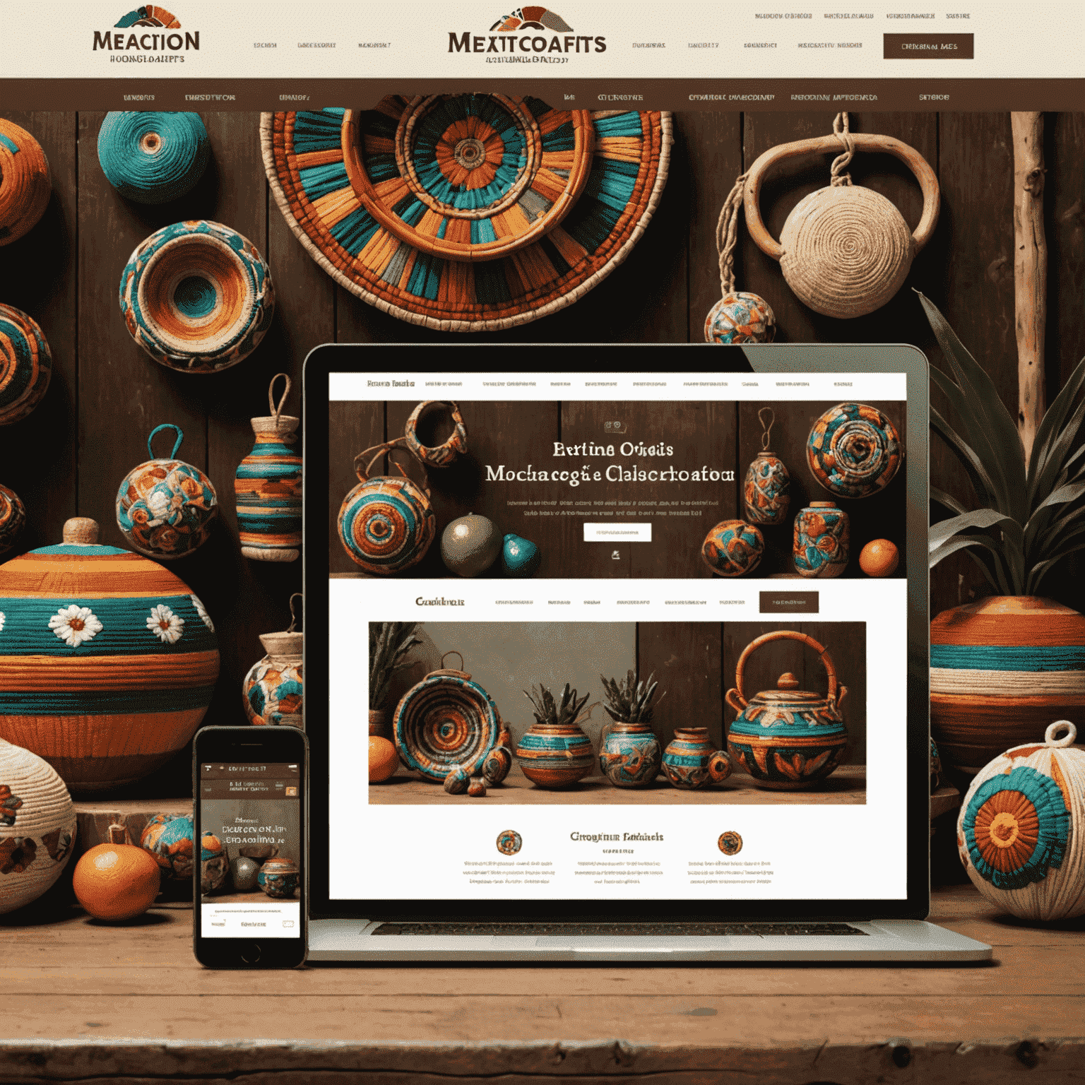 Captura de pantalla del sitio web responsivo de una tienda de artesanías mexicanas, mostrando la página de inicio en dispositivos de escritorio y móviles