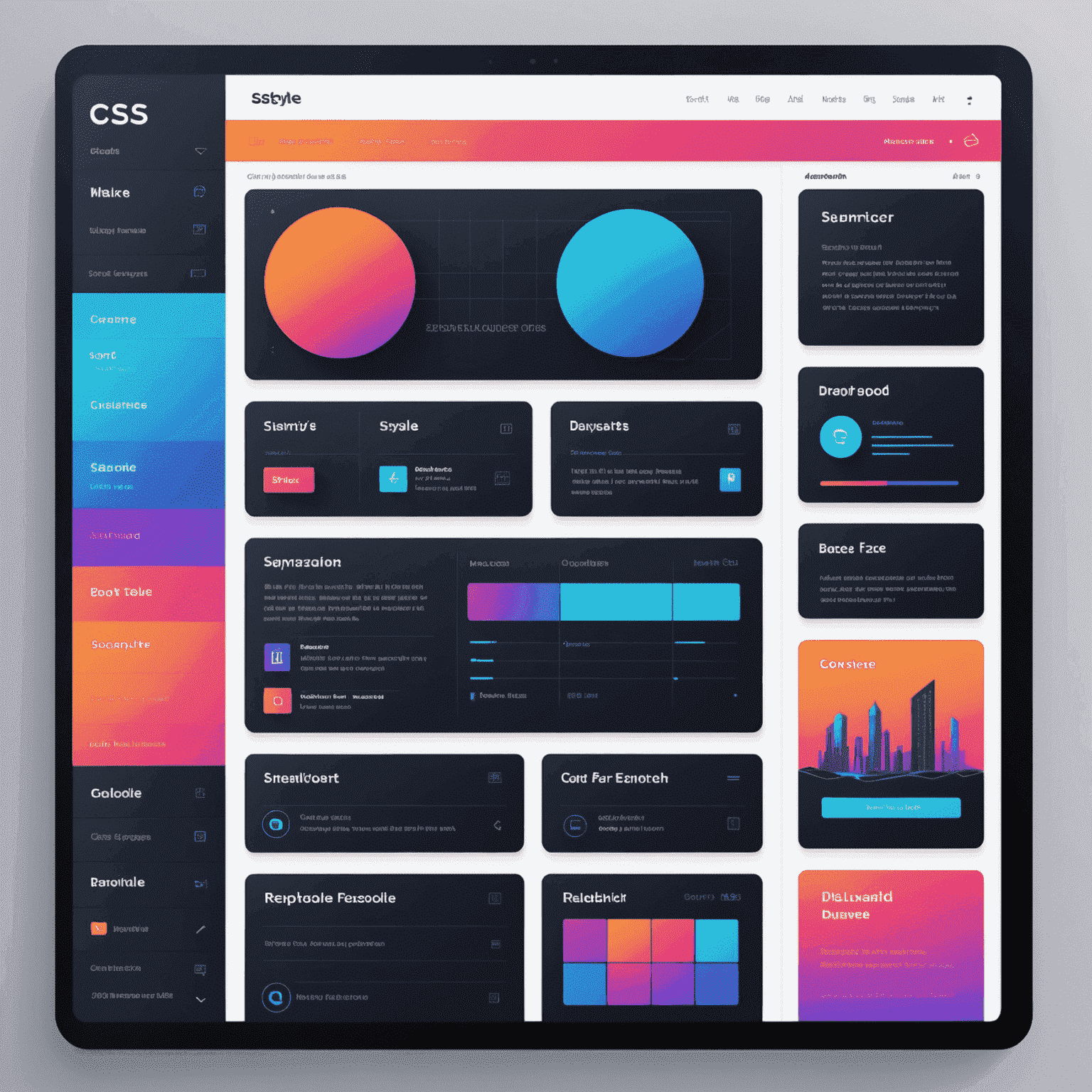 Ilustración de un diseño CSS Grid mostrando una cuadrícula compleja con áreas de contenido de diferentes tamaños. La imagen presenta un diseño de sitio web responsivo para móviles con secciones para encabezado, contenido principal, barra lateral y pie de página, utilizando colores neón y gradientes futuristas.