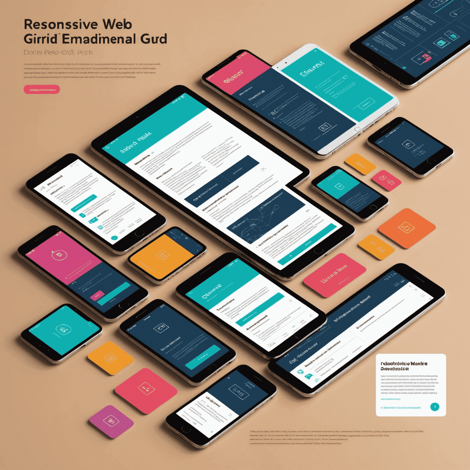 Diagrama que muestra un diseño web responsivo utilizando CSS Grid para la estructura principal de la página y Flexbox para componentes internos. La imagen ilustra cómo se adapta el diseño a diferentes dispositivos móviles, desde smartphones hasta tablets, con un estilo futurista y colores vibrantes.