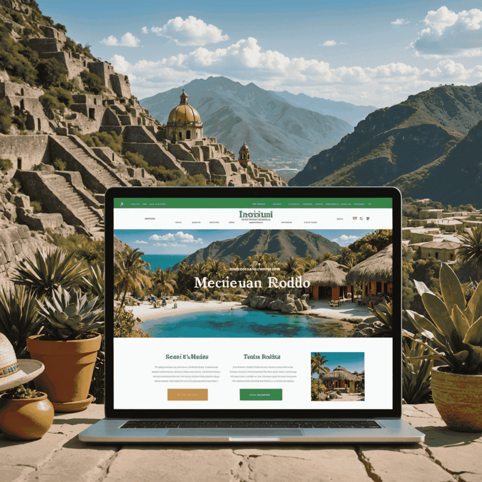 Página principal de un sitio web turístico mostrando destinos mexicanos, con diseño adaptativo visible en un laptop y un teléfono móvil